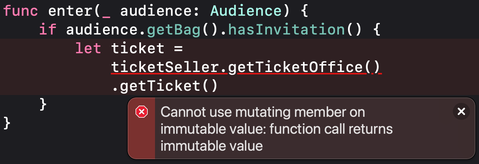Swift Cannot use mutating member on immutable value 에러가 무엇일까 - zerodotone